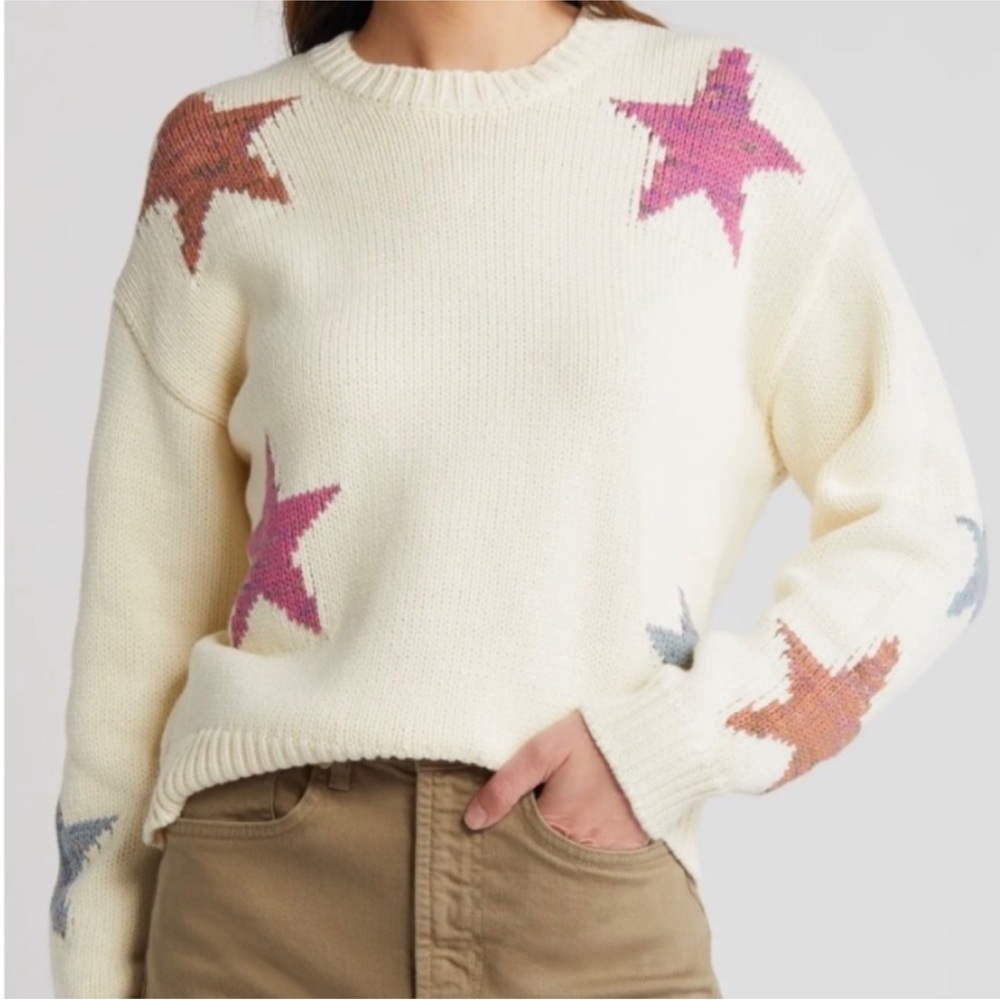 Rails Zoey Star Intarsia Cotton Blend Sweater -Ivory Rainbow Stars Sz L